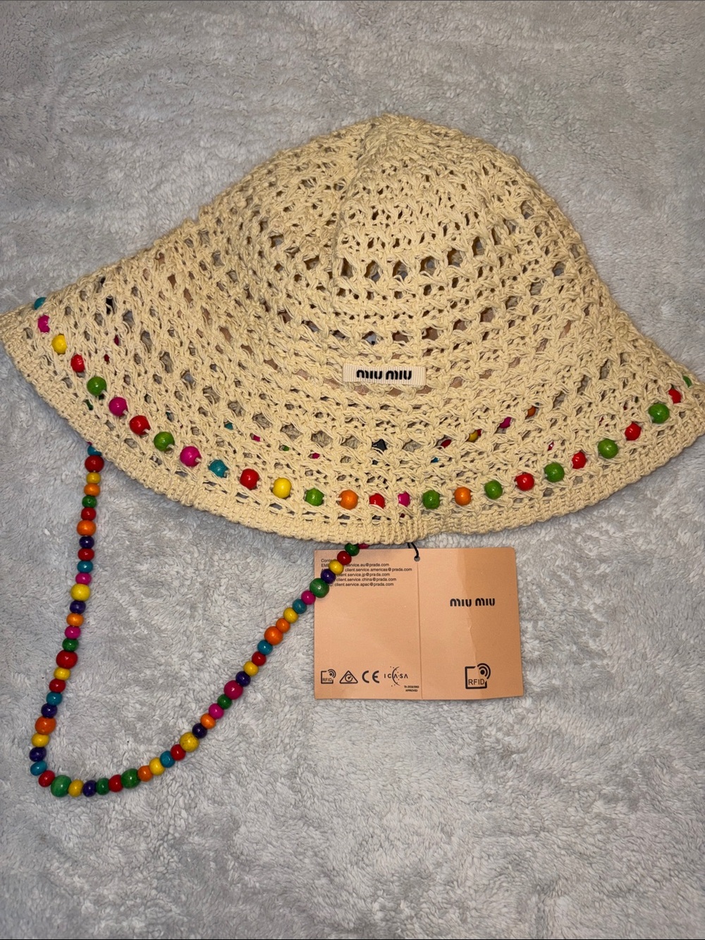 Miu Miu Beige Crochet Adults Hat with Multicolor Bead Trim